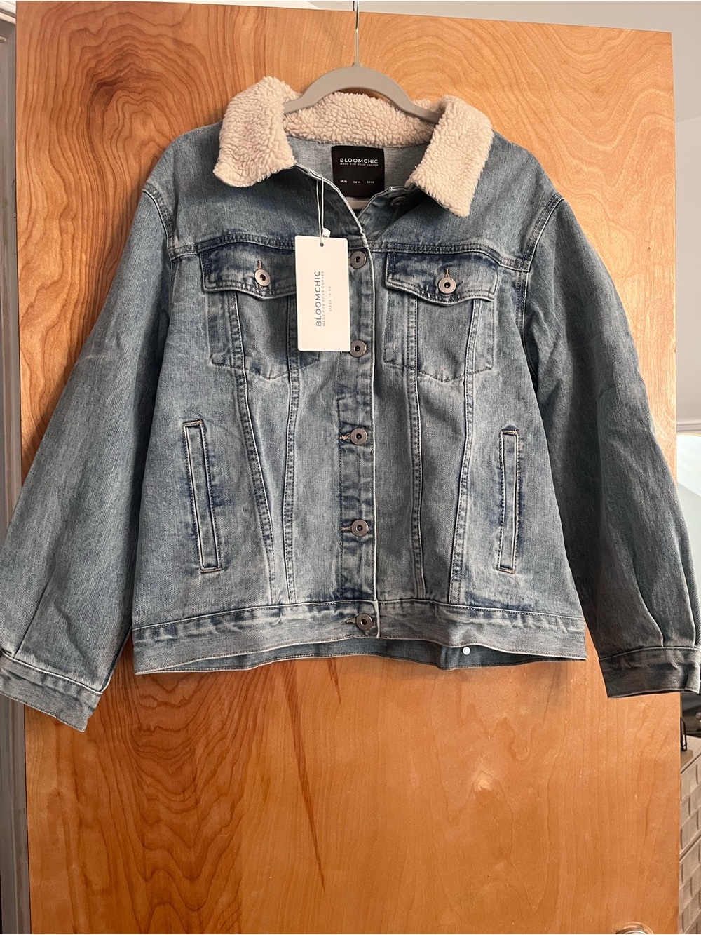BloomChic Light Blue Denim Jacket with Cream Sherpa Collar